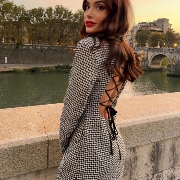 Zara blogger favorite houndstooth open corset tie back blazer mini dress - Picture 3 of 6